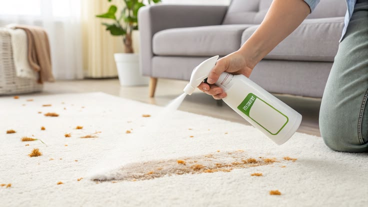 Deep cleaning carpet with spray and cloth