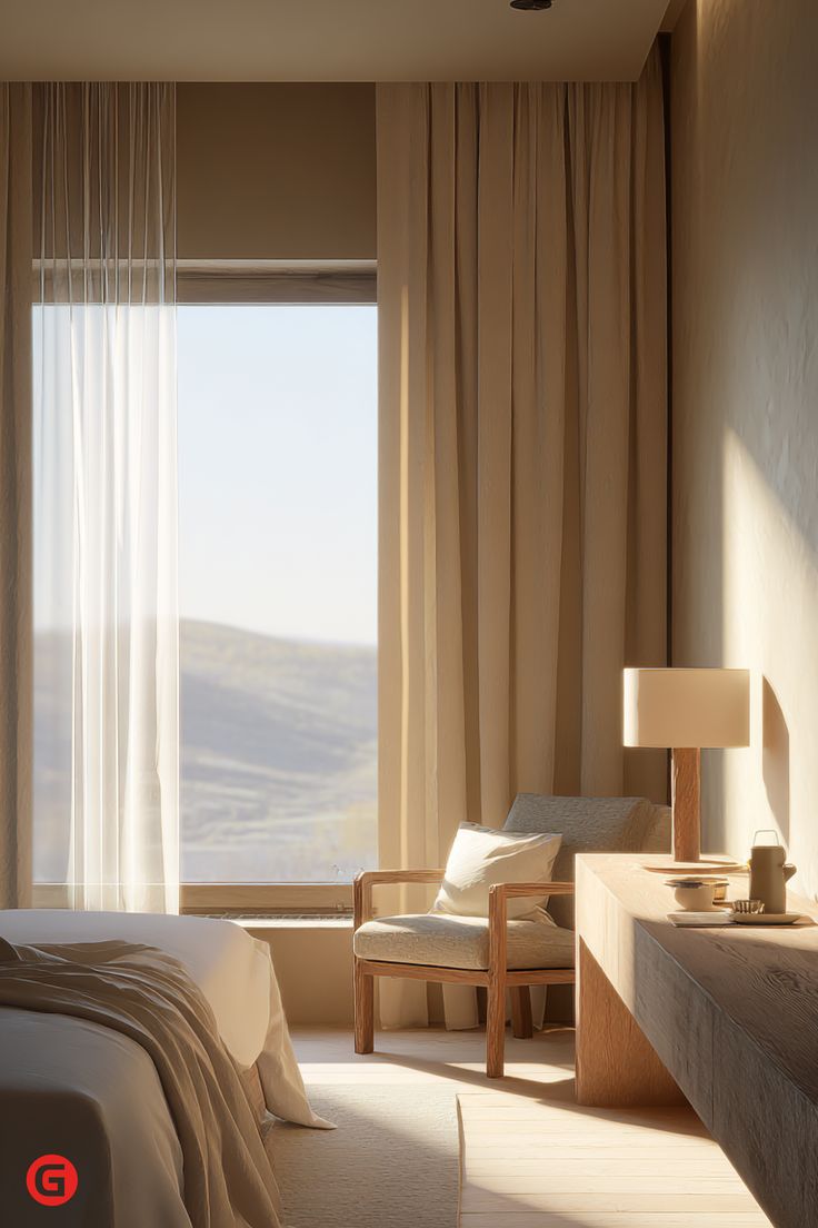 Hotel room prepared by housekeeping staff with curtains open